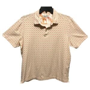 Tommy Bahama Mens Size Large White Orange Geometric Polo Golf Shirt